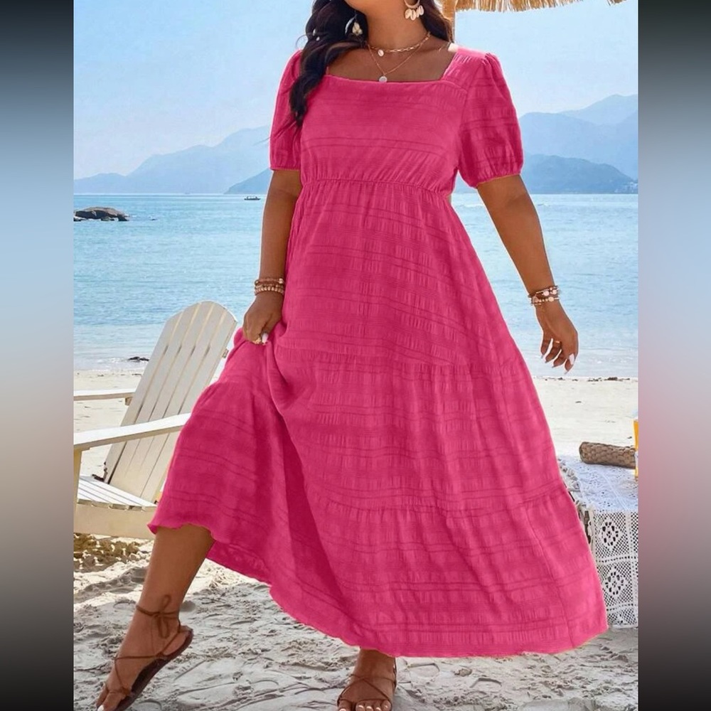 Boho plus size comfy square neck puff sleeve ruffle hem maxi dress - Picture 8 of 16